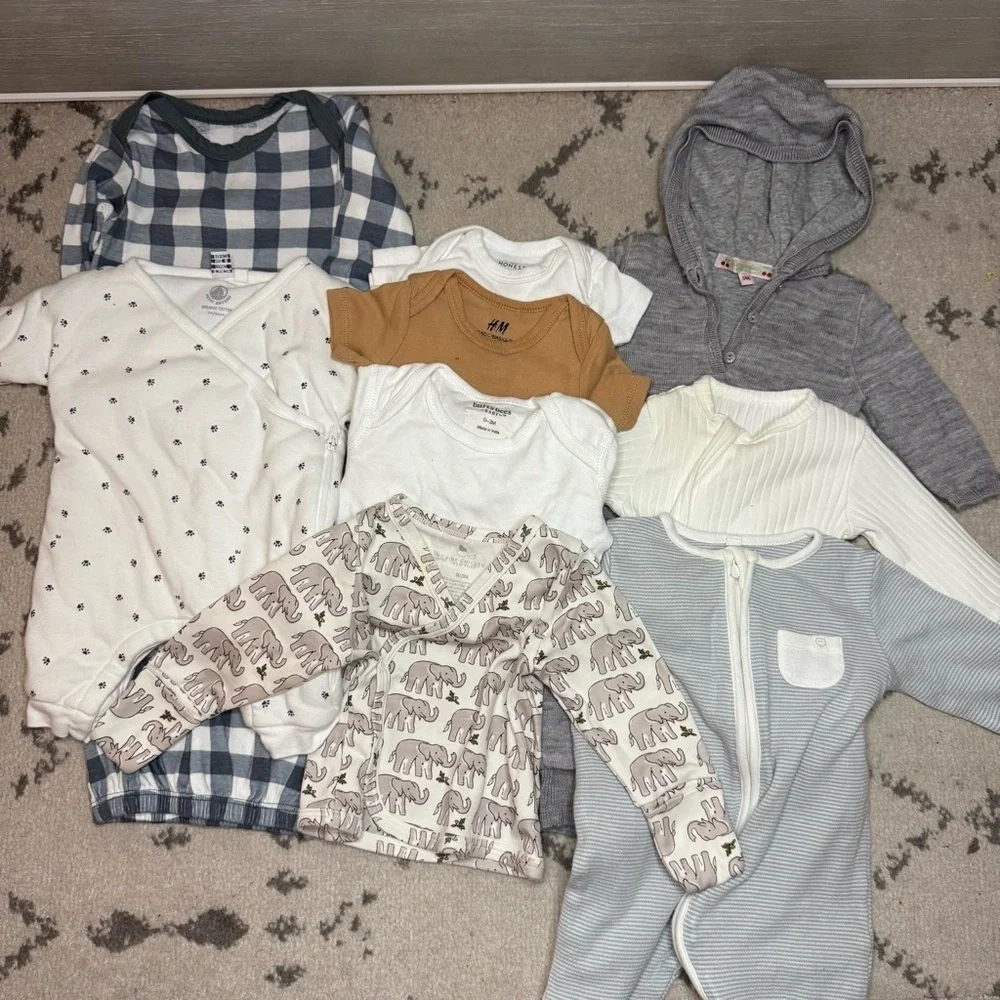 100% Organic Cotton and Wool Neutrals Unisex Baby Clothing 9 Pc Bundle Lot